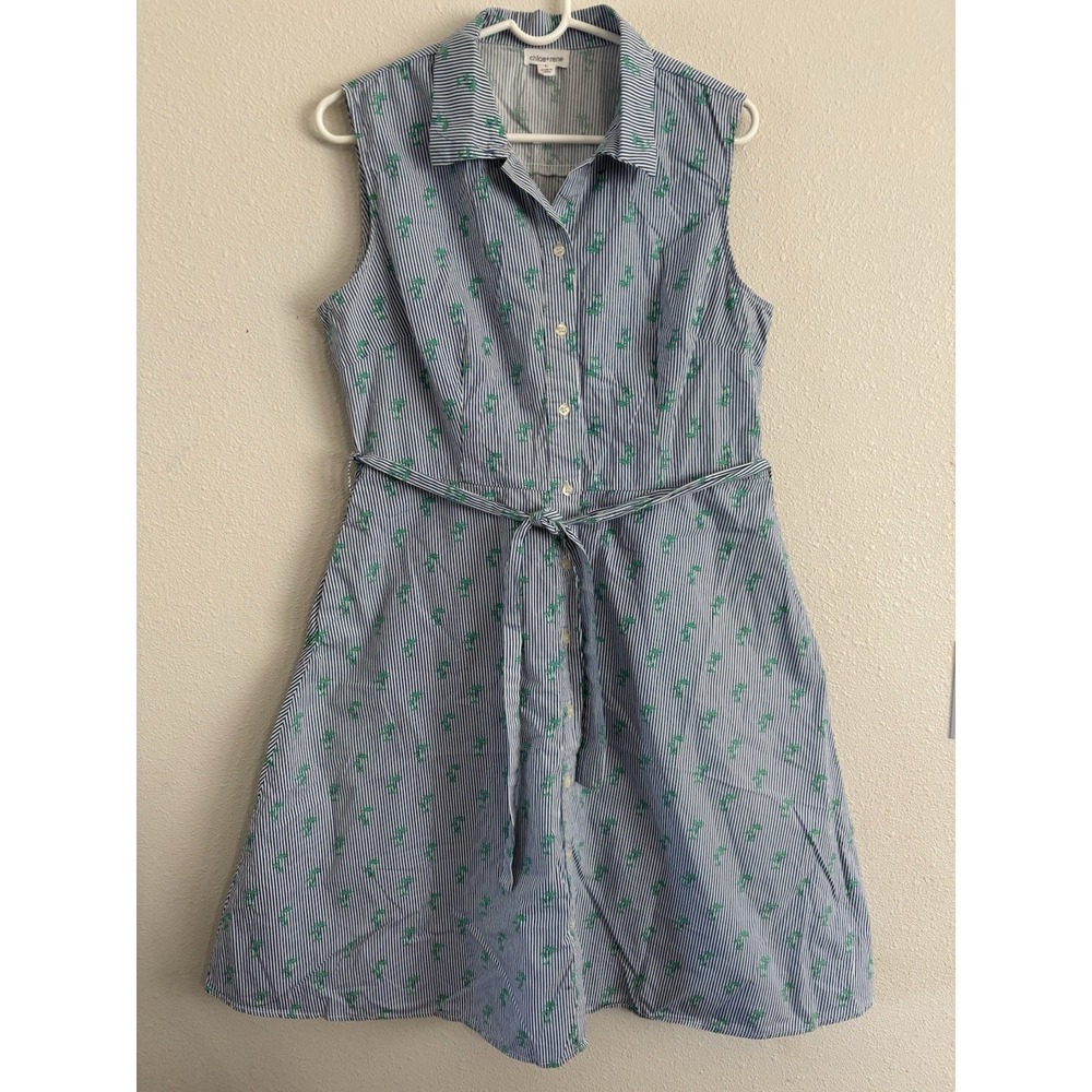 Chloe + Rene Women's L Blue White Stripe Cactus Print Shirt Dress Belted Cotton